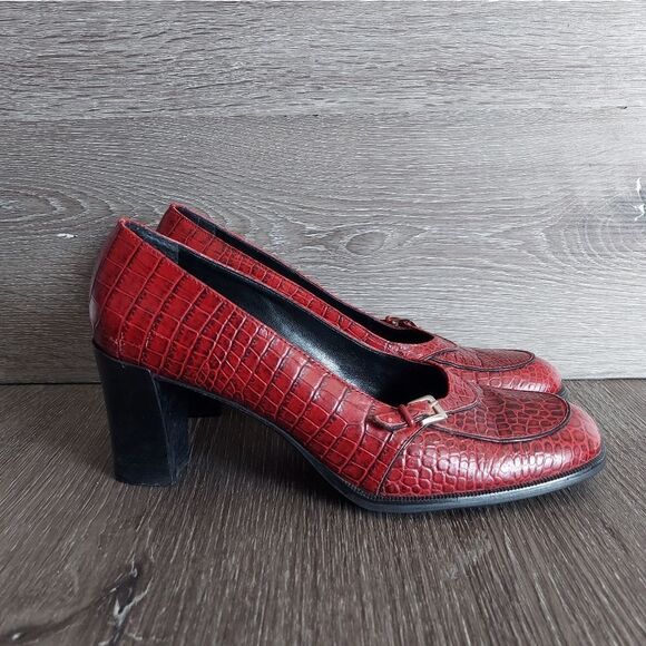 Vintage Franco Sarto Red Leather Alligator Print  Chunky Heel Pump Size 7.5 - Picture 1 of 11